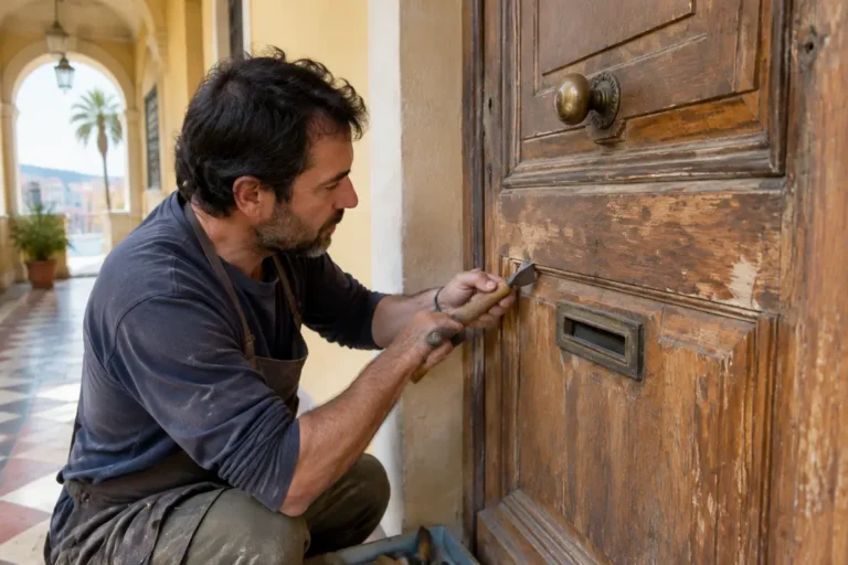 Artisan qualifié en train de restaurer porte ancienne appartement nice dans un immeuble lumineux