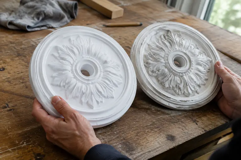 Comparaison de deux matériaux pour rosace de plafond entre plâtre traditionnel et polyuréthane léger.