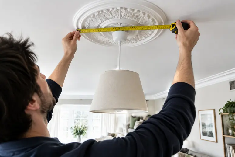 Mesure du diamètre d'une rosace plafond pour l'adapter aux dimensions du luminaire suspendu.