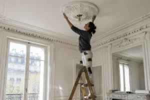Pose délicate d'une rosace plafond en plâtre blanc dans un appartement haussmannien rénové