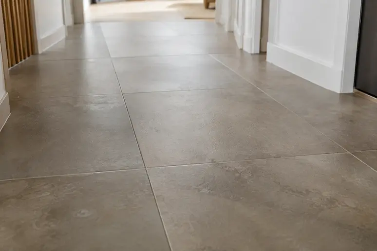 Revêtement de sol taupe mat qui camoufle naturellement les traces de pas dans un appartement