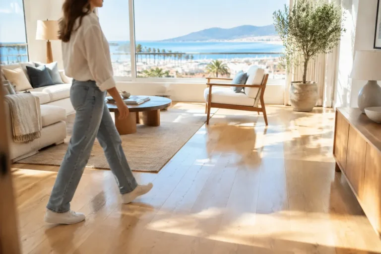 Un salon lumineux avec un sol clair appartement cannes luminosite et une grande baie vitrée.