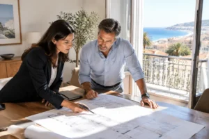 propriétaire et syndic discutant de travaux appartement copropriete nice sur plan