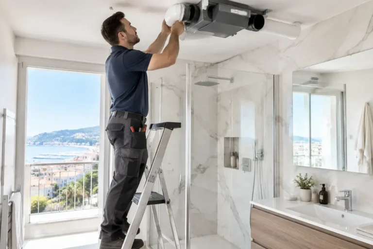 Un artisan installe un système de ventilation salle de bain cannes au plafond