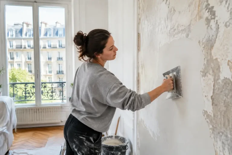 Un artisan applique délicatement de l'enduit mur interieur sur une surface abîmée
