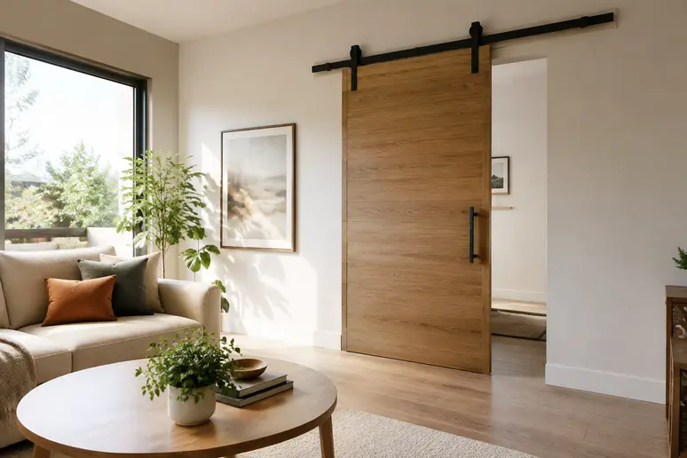 Rail apparent en métal noir fixant une porte coulissante en applique sur le mur du salon