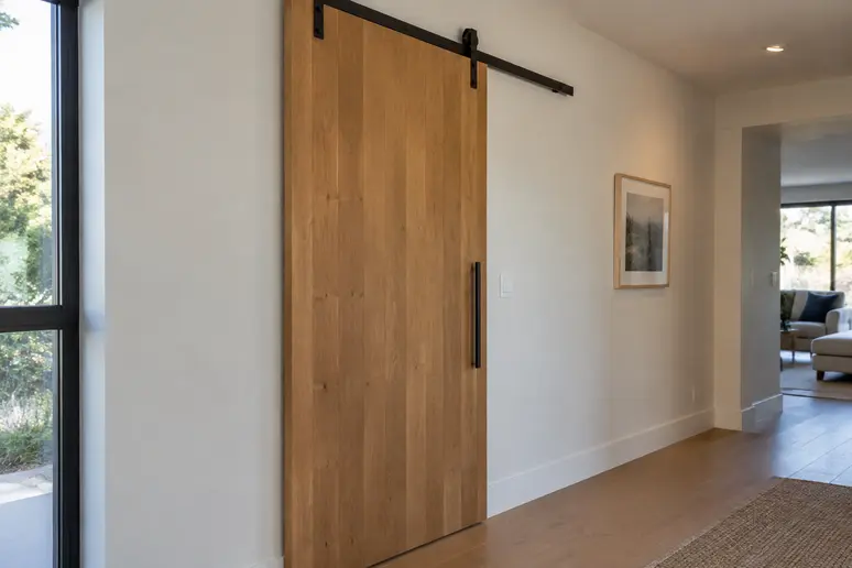Porte coulissante en applique installée sur le mur latéral d'un couloir lumineux