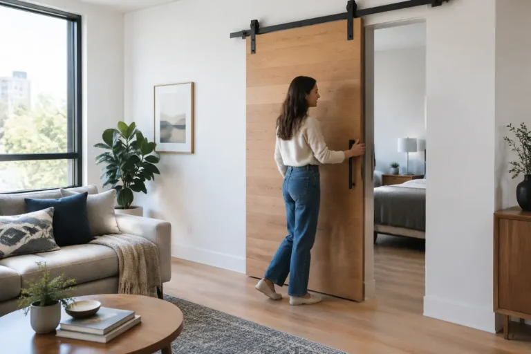 Installation d'une porte coulissante en applique avec un rail apparent dans un salon moderne