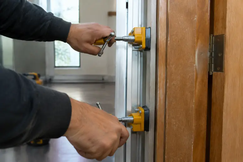 Pose d'une porte interieur renovation avec calage par vérins sur le bâti existant