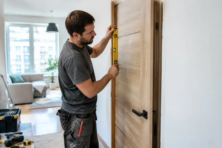 Artisan posant une porte interieur renovation sur un ancien bâti dans un appartement lumineux