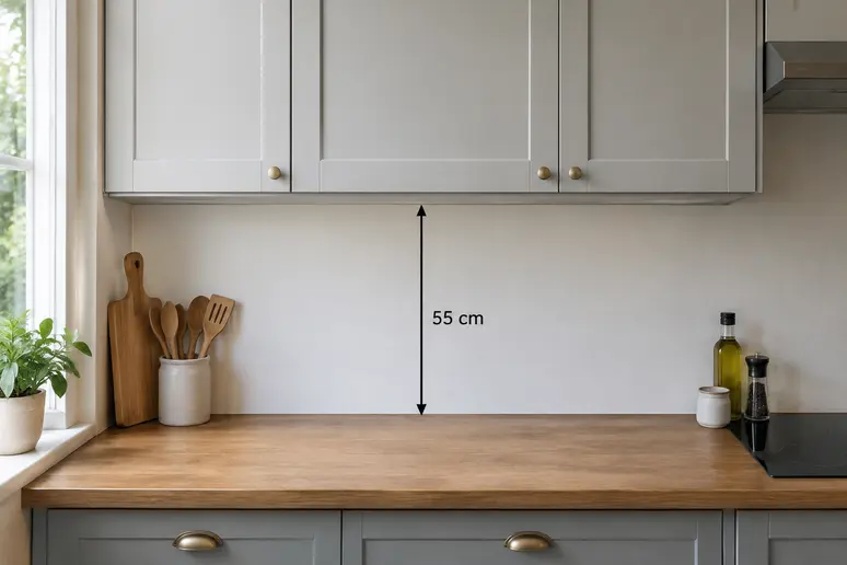 Espacement idéal mesuré entre les meubles hauts et le plan de travail de la cuisine