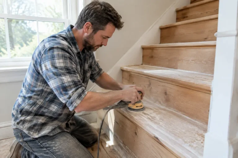 Artisan ponçant les marches d'un escalier en bois dans le cadre d'une renovation escalier bois