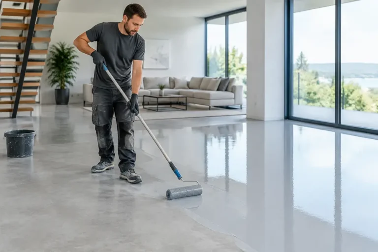 Application d un revetement de sol avec une resine sol interieur brillante dans une piece moderne